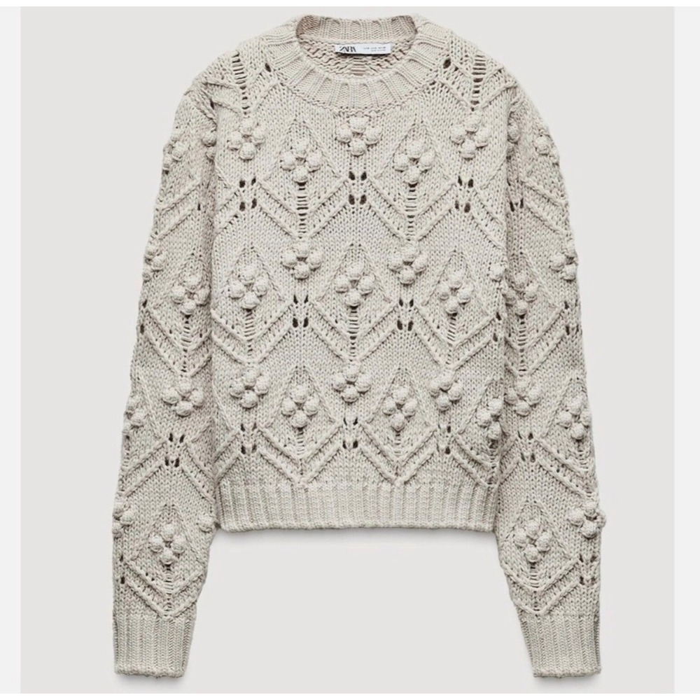 Zara Womens Bobble Pointelle Knit Sweater Oatmeal Beige Diamond Pom Pom Small